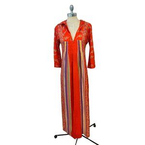 Vintage Potage 1970S Floral Hooded Maxi Dress Boho Hippie Red Stripe Small
